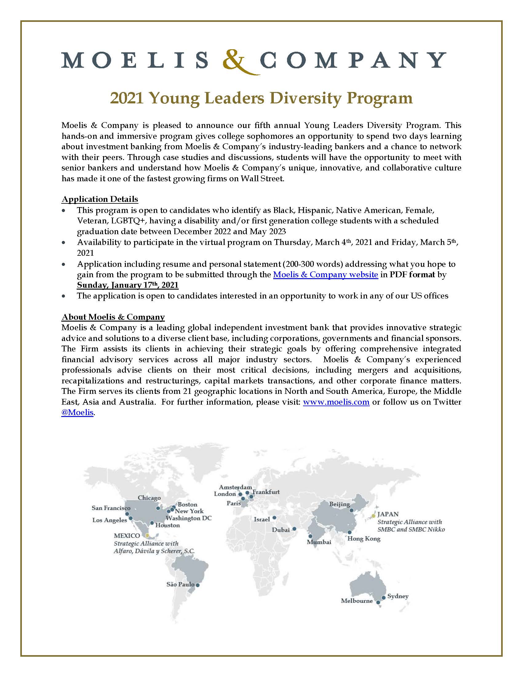 Moelis & Company Young Leaders Diversity Program; deadline to apply 17 January 2021