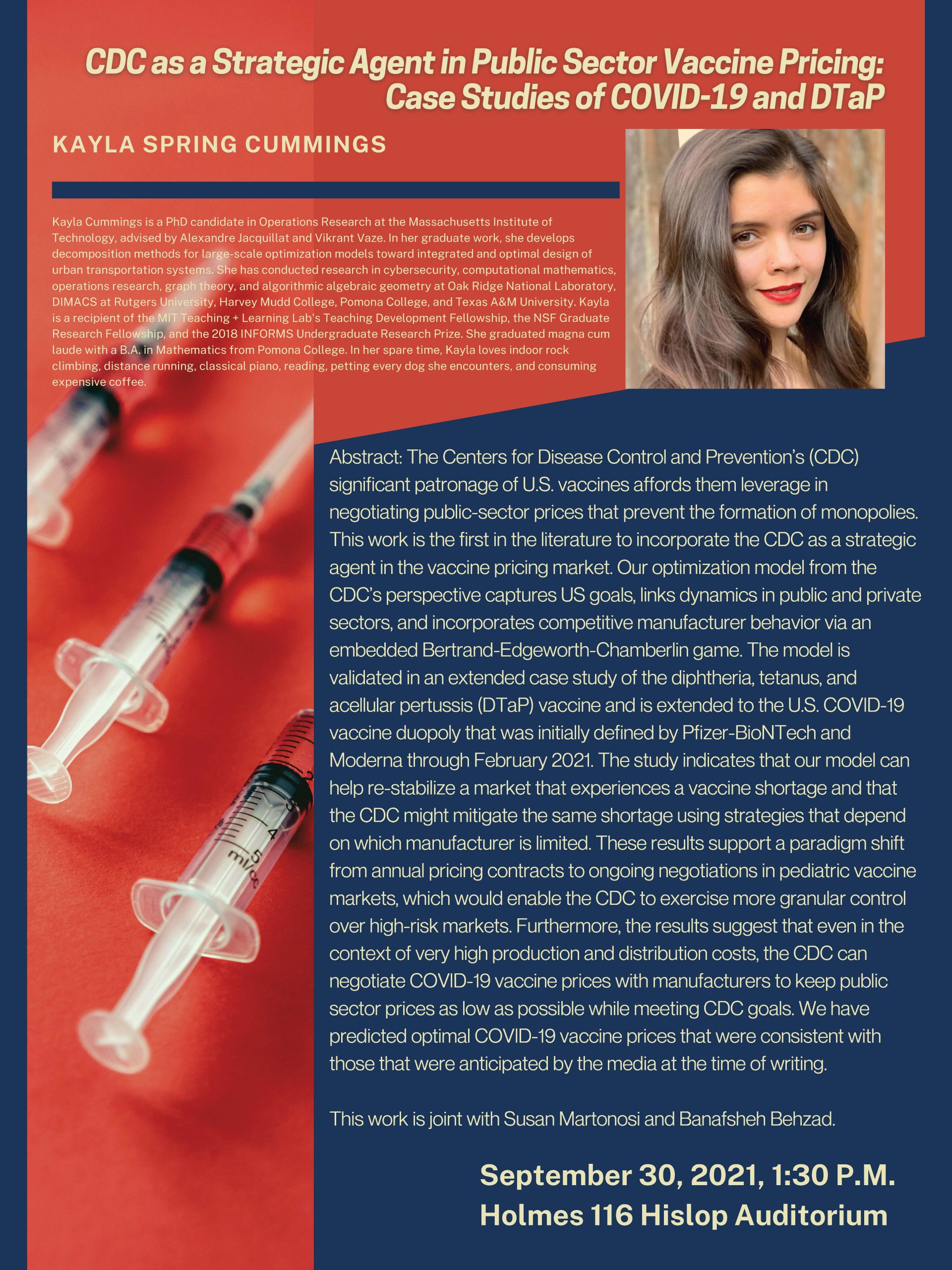 Kayla Cummings to present ‘CDC as a Strategic Agent in Public Sector Vaccine Pricing’